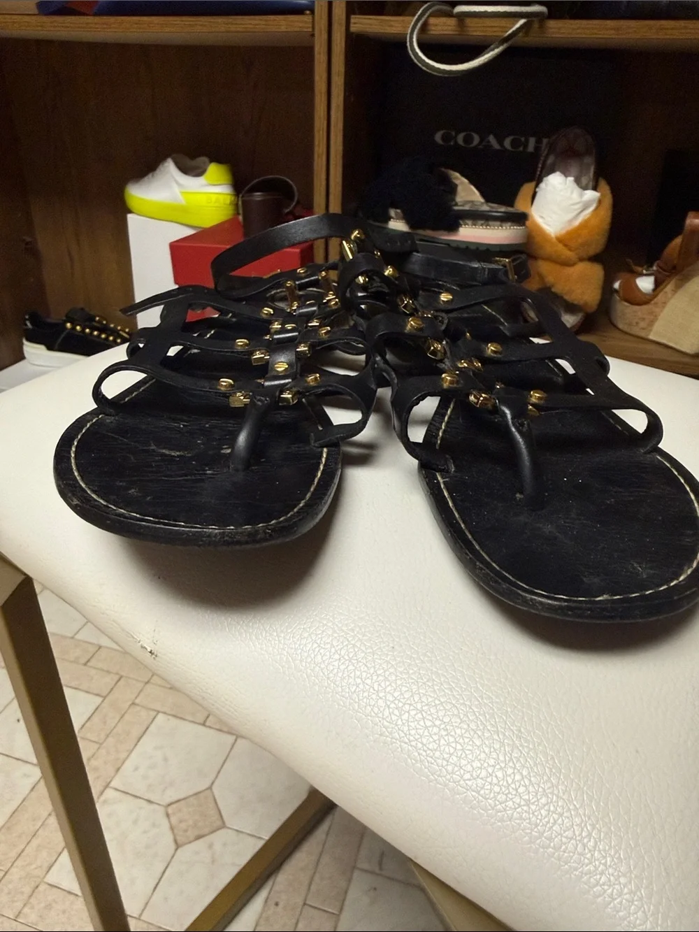 Tory Burch Black Leather Gladiator Sandals with Gold Studs